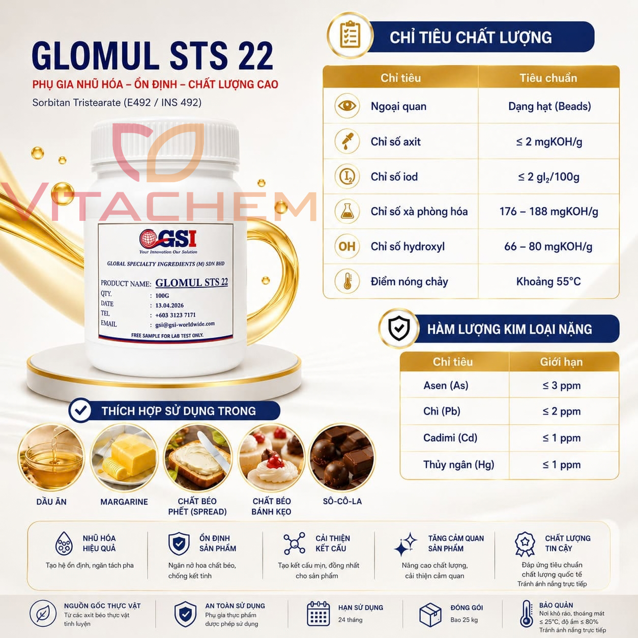 GLOMUL STS 22 - Chất nhũ hóa 8 Chỉ tiêu chất lượng và hàm lượng kim loại nặng - Sorbitan Tristearate – E492/ INS 492