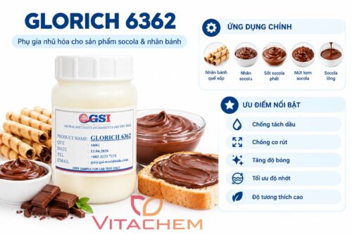phụ gia nhũ hóa GLORICH 6362 giới thiệu ứng dụng cho socola và nhân bánh cùng các ưu điểm nổi bật như chống tách dầu và tối ưu độ nhớt