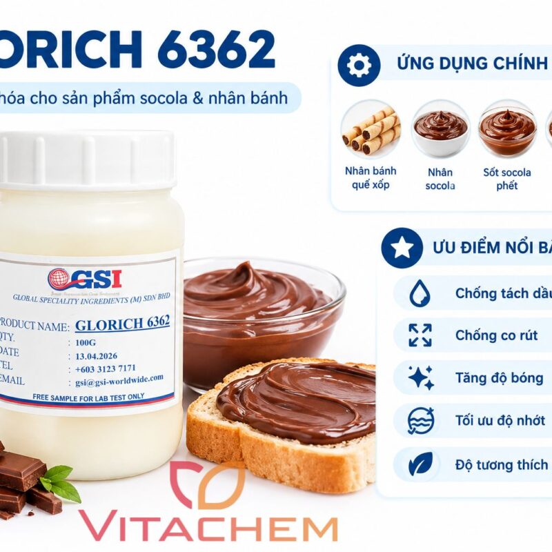 phụ gia nhũ hóa GLORICH 6362 giới thiệu ứng dụng cho socola và nhân bánh cùng các ưu điểm nổi bật như chống tách dầu và tối ưu độ nhớt