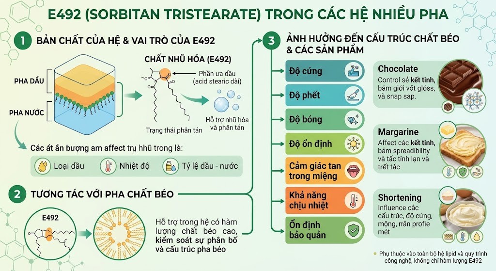 Sorbitan Tristearate (E492) là gì? Lưu ý khi sử dụng 9 Cơ chế và đặc tính của E492