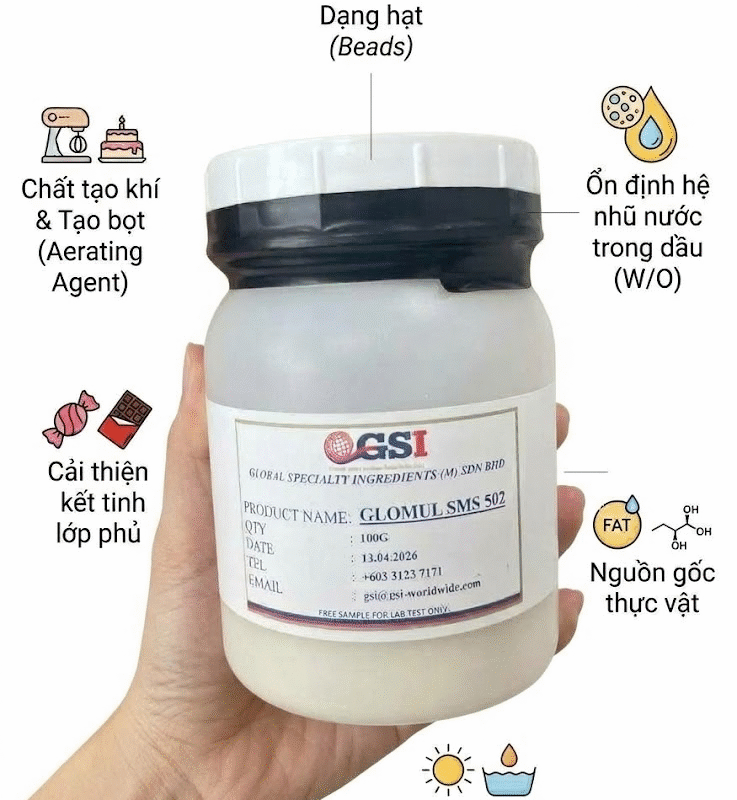 mẫu thử phụ gia chất nhũ hóa GLOMUL SMS 502 kèm infographic tính năng