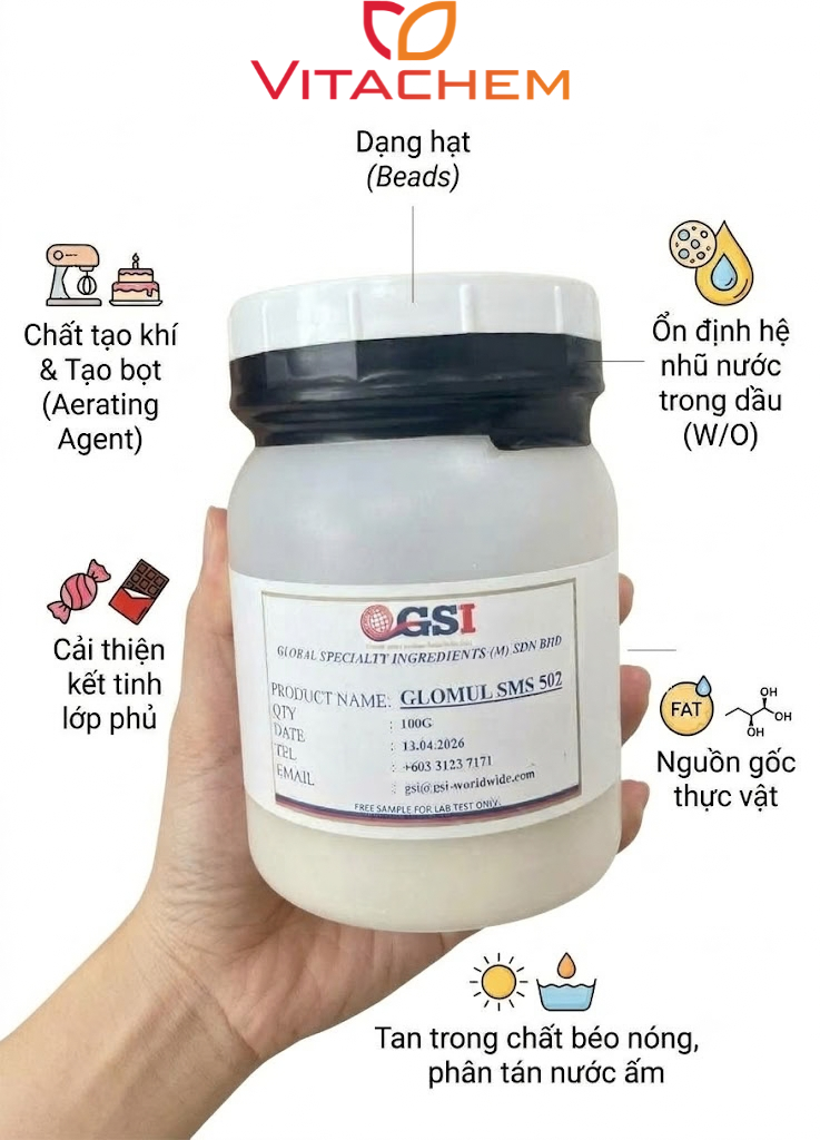 GLOMUL SMS 502 - Chất nhũ hóa E491 3 mẫu thử phụ gia chất nhũ hóa GLOMUL SMS 502 kèm infographic tính năng