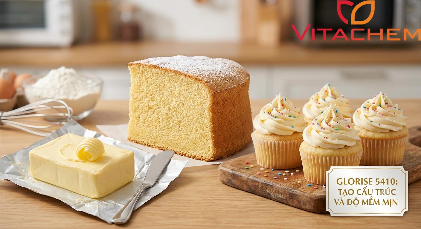 GLORISE 5410 - Chất nhũ hóa 5 Ứng dụng sản phẩm GLORISE 5410 trong bơ, bánh bông lan và bánh cupcake được xếp trên bàn bếp gỗ