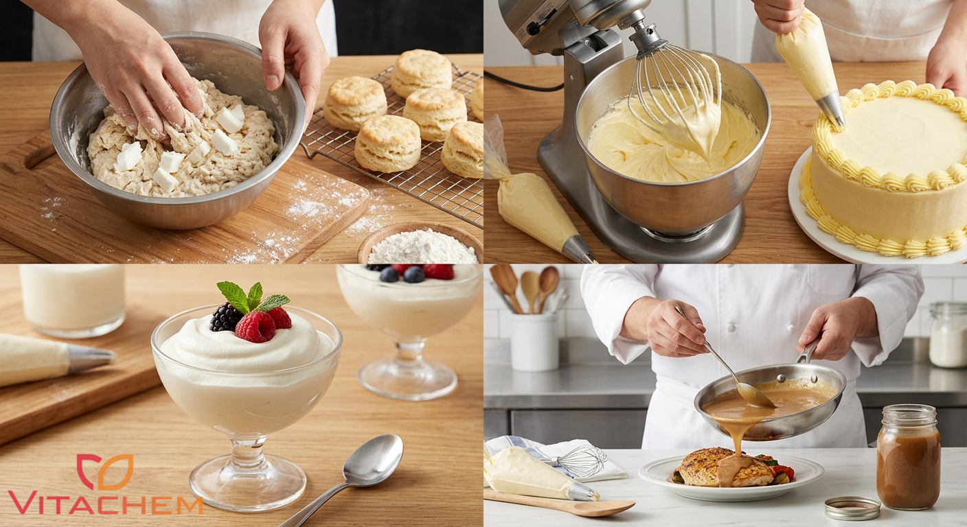 CREAMY 15 - Chất Nhũ Hóa E477, E435, E304 5 Ứng dụng CREAMY 15 chất nhũ hóa và phụ gia thực phẩm trong shortening làm bánh, bơ thực vật, kem whipped topping và nước sốt